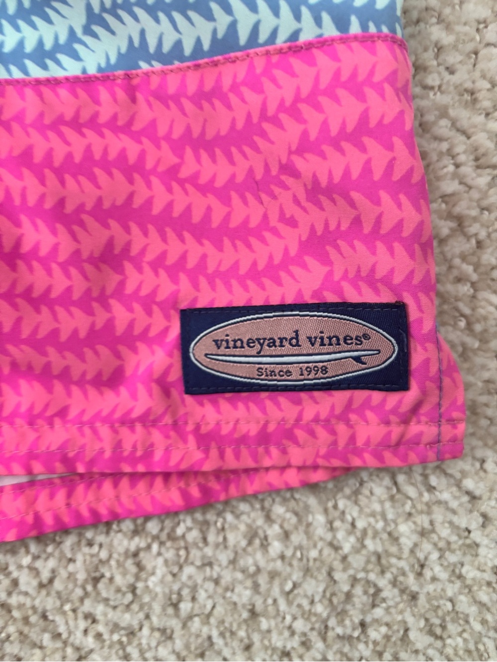 Vineyard Vines Tri-Block Whale Print Swim Shorts in Navy, Light Blue & Pink - Picture 6 of 8